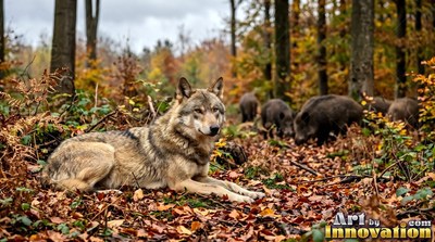 Lying down, a wolf rests on autumn leaves in an autumn forest