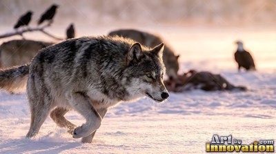 In a snowy field, a wolf trots past others feeding near ravens