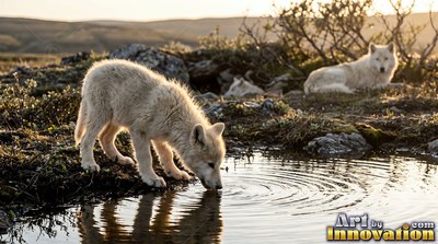 Drinking from a shallow tundra pool, an Arctic wolf pup stands in late sun