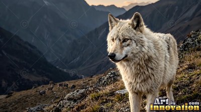 Thick cream fur coats a wolf standing on a rocky ridge before dark mountain peaks