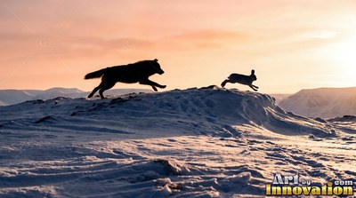 Leaping across snowy tundra hills, a dark wolf chases a hare at sunrise