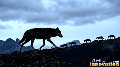 Walking along a dark rocky ridge, a pack of wolves moves under a cloudy blue sky