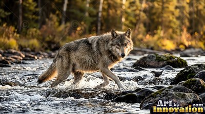 Thick gray fur covers a wolf wading through a shallow, rocky river by sunny woods
