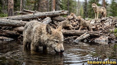 Standing in shallow water, a wolf drinks near playing pups