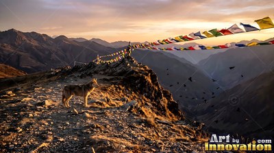 Standing on a rocky ridge, a wolf looks out below colorful prayer flags