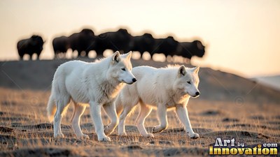 Two white wolves walk on dry grass in front of bison