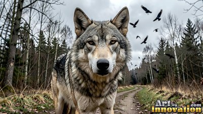 Gray, thick fur covers a wolf facing forward on a dirt path as black birds fly through pale woods