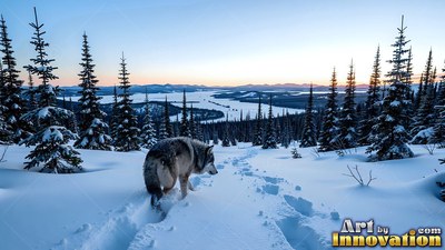 A dark gray wolf steps through deep snow beneath a pale blue twilight sky