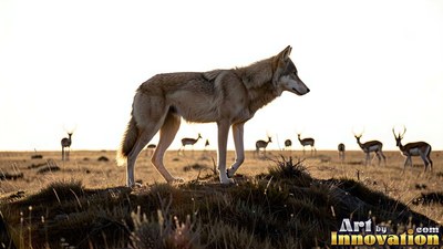 Standing in profile, a wolf strides on a dry rise before distant gazelles