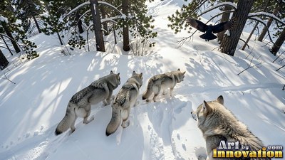 Four gray wolves walk through deep snow toward a flying eagle in pines