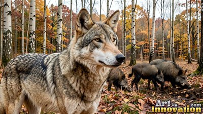 In an autumn birch forest, a gray-coated wolf watches wild boars root in fallen leaves