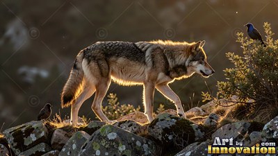 Walking along a rocky ridge, a gray-coated wolf is lit from behind by low sunlight