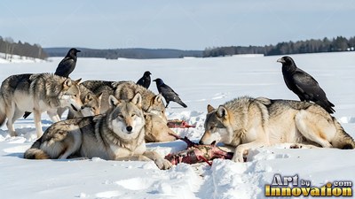 Gray wolves and black ravens feed in bright white snow
