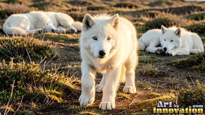Blue eyes mark an all-white wolf walking forward across sunlit tundra while others sleep