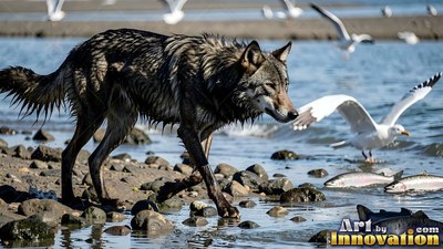 A wet wolf strides along a rocky shore near seagulls under bright blue daylight