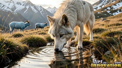 Bending down to drink, a pale wolf stands in a mountain meadow