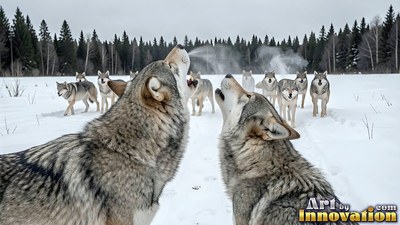 Two gray wolves howl breath into cold air while their pack stands in snowy woods
