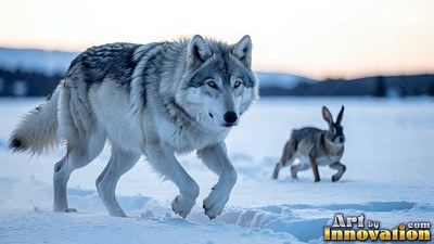 On a snowy field, a pale gray wolf stalks forward beside a running hare
