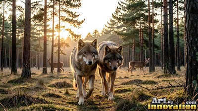 Walking forward, two gray wolves tread through a pine forest in warm sunlight