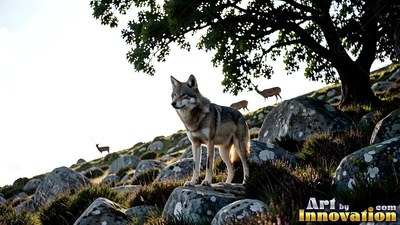 A wolf stands on a rocky hillside near a large leafy tree