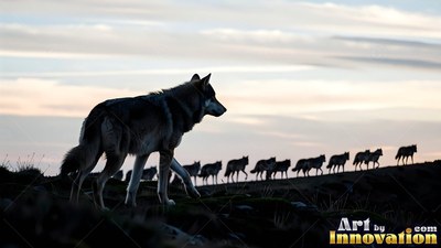 Thick gray fur covers a wolf leading its silhouetted pack along a dark ridge at dusk