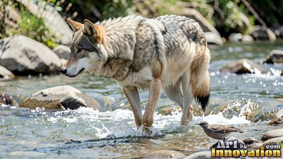 Wading in profile, a gray wolf crosses a sunny shallow river near a small bird