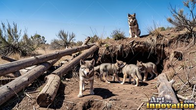 A wolf watches from above as five dark gray wolf pups play outside a dirt den in bright sun