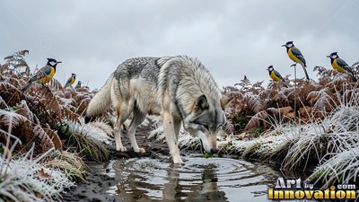 Drinking from a puddle, a gray wolf stands beside small yellow birds in frosty ferns
