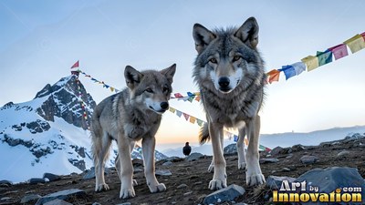Two gray wolves standing by prayer flags on a snowy mountain peak