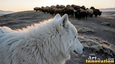 Thick white fur covers a wolf resting on a dry plain near a herd of bison
