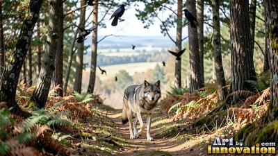 A pale gray wolf walks down a dirt forest path under black crows in pale daylight