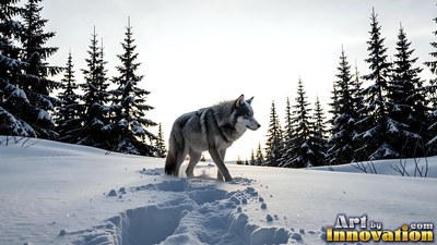 Side view of a pale gray wolf walking through deep snow past dark pine trees