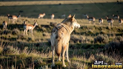 A light brown wolf stands in grassy hills looking at a herd of gazelles