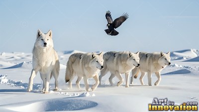 On snowy tundra, four white wolves walk under a flying black raven