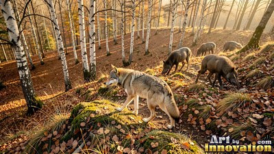 Walking on a mossy hill, a gray wolf leads its pack through an autumn birch forest
