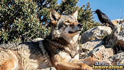 A wolf rests on sunlit rocks beside a black crow