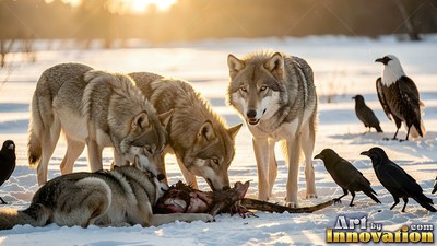 Thick gray fur coats a pack of wolves feeding on snowy ground in warm sunlight