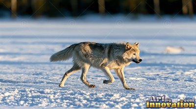 A gray-coated wolf trots across a snowy field in warm winter sunlight