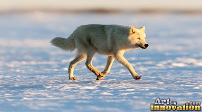 Side view of a white wolf walking across flat snow in warm sunlight