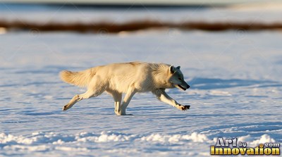 A pale wolf runs low across frozen snow in the bright sunlight