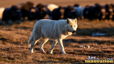 On the brown tundra, a pale wolf steps in the warm evening light