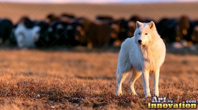 Standing in tundra brush, a pale wolf pauses in warm evening sunlight