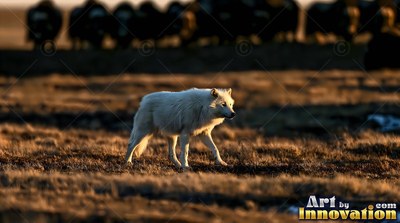 A white-coated wolf strides across dry tundra grass in evening sun