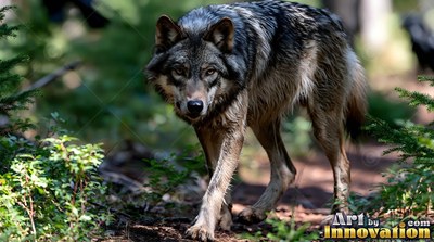 A wolf walks forward on a dirt trail under soft sunlight filtering through green woods