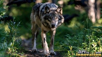 Facing forward along a dirt trail, a dark gray wolf walks through green woods