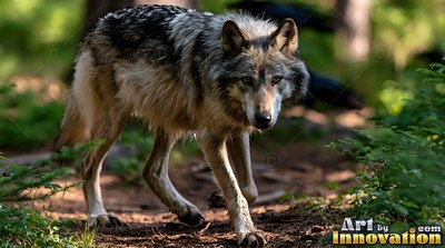 A gray-coated wolf steps forward on a dirt trail in sunny green woods