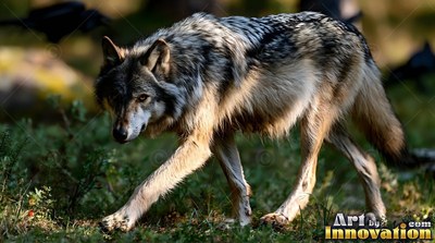 In sunny green woodland, a pale gray wolf walks forward across low brush