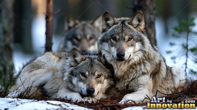 Resting on pine needles, gray wolves gather close together in a snowy forest
