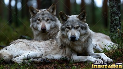 Two gray wolves resting together on the pine forest ground
