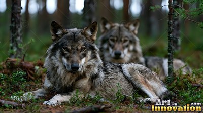 Ears pointed forward, a gray wolf lies on a mossy pine forest floor beside a second wolf